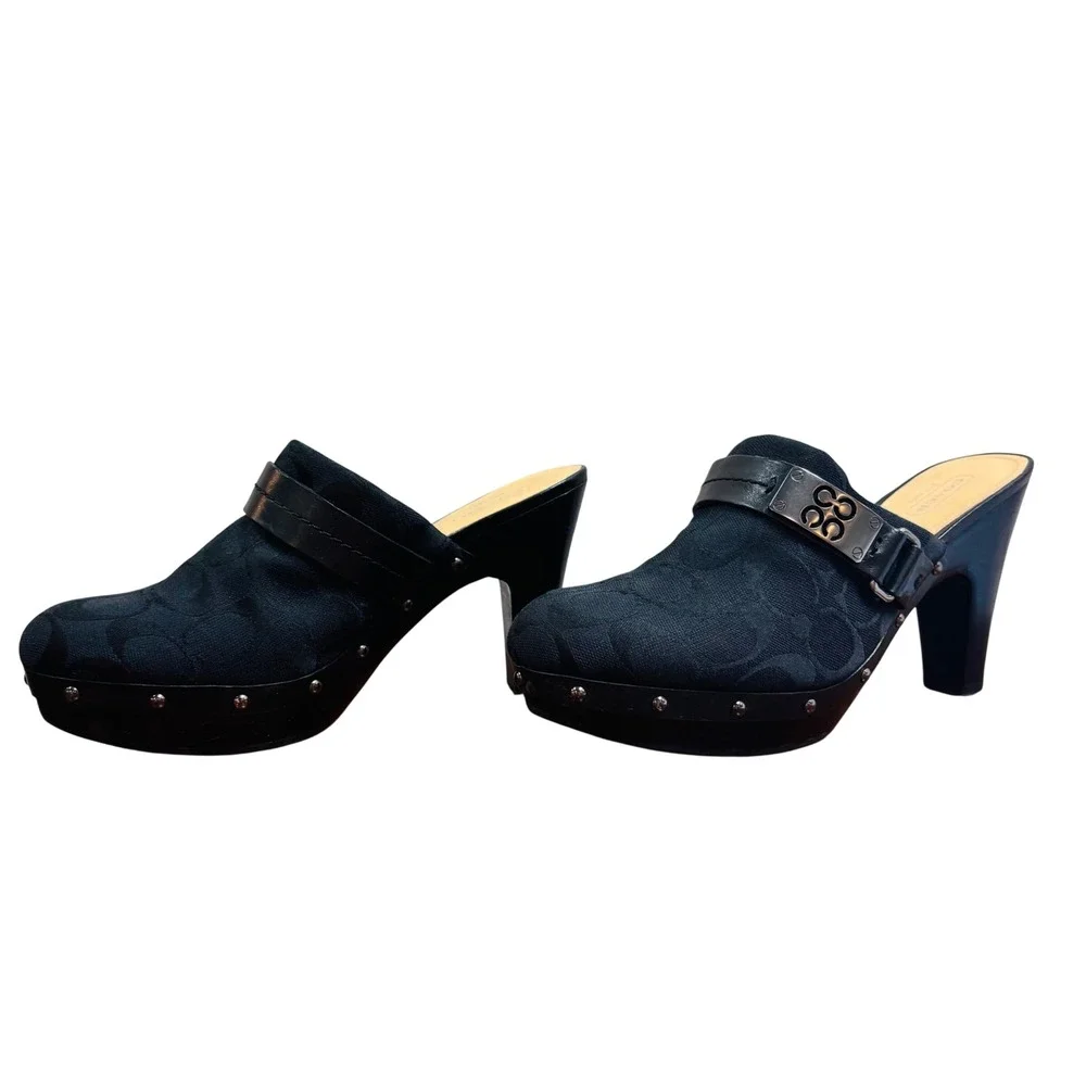 Coach Ivy Black Signature Jacquard Studded Wooden Platform Clogs Mules F2370 8B